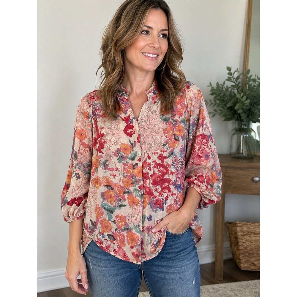 GiGO USA Floral Peasant Blouse M Balloon Sleeve Boho Cottagecore